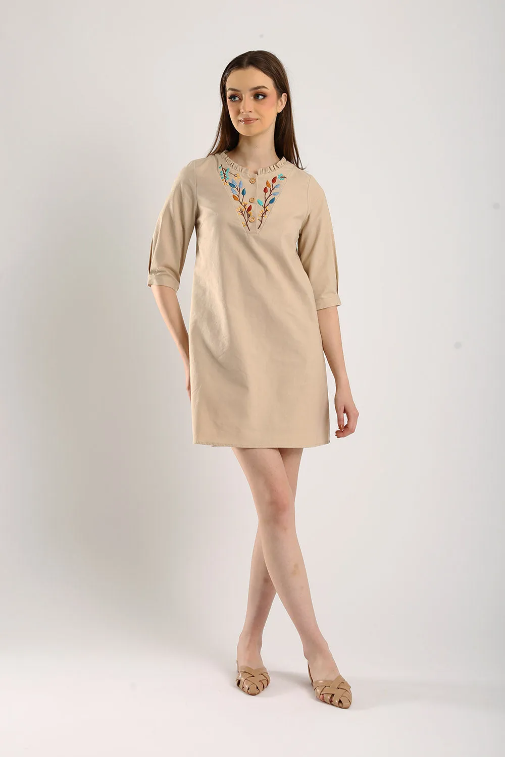 Emery Embroidered Cotton Shift Dress in Light Khakis